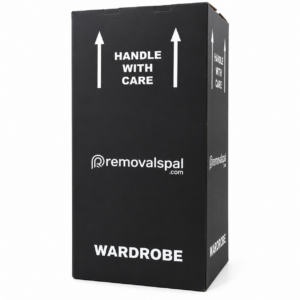 Black Removalspal cardboard wardrobe moving box with handle with care markings, ideal for transporting hanging clothes during house moves.