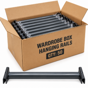 Pack of 50 metal wardrobe box hanging rails in a brown cardboard box
