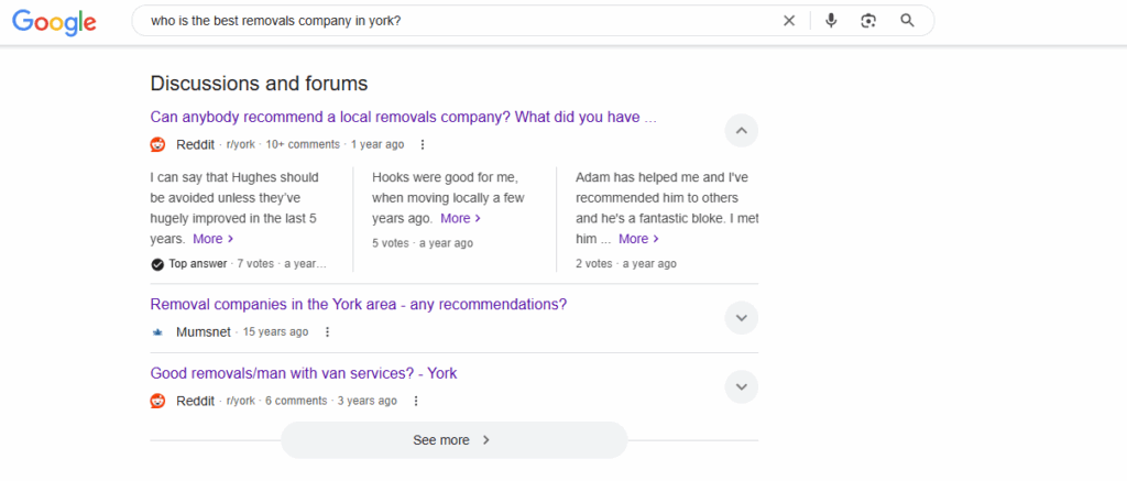 Why Brand Awareness Depends on Multiple Touch Points Today 3 An example of company name mentions on Reddit appearing on the Google Search Engine Results Page